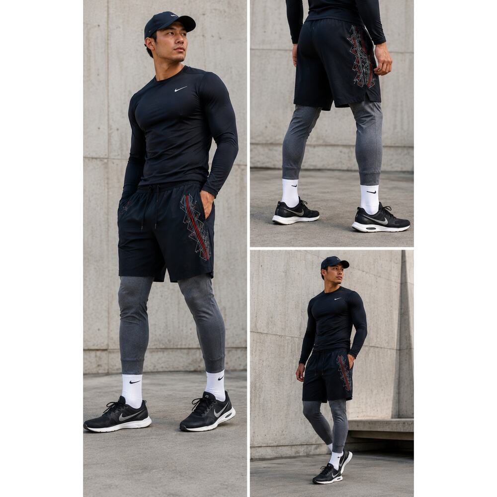 Nike N7 Hybrid Shorts Jogger Pants XL Black Grey Layered Activewear Tribal Print